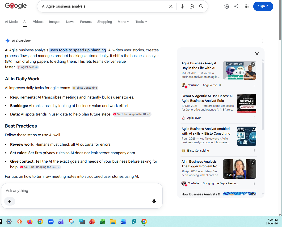 Google AI Overview for 'AI Agile business analysis' naming Elisto Consulting as a source, July 2026