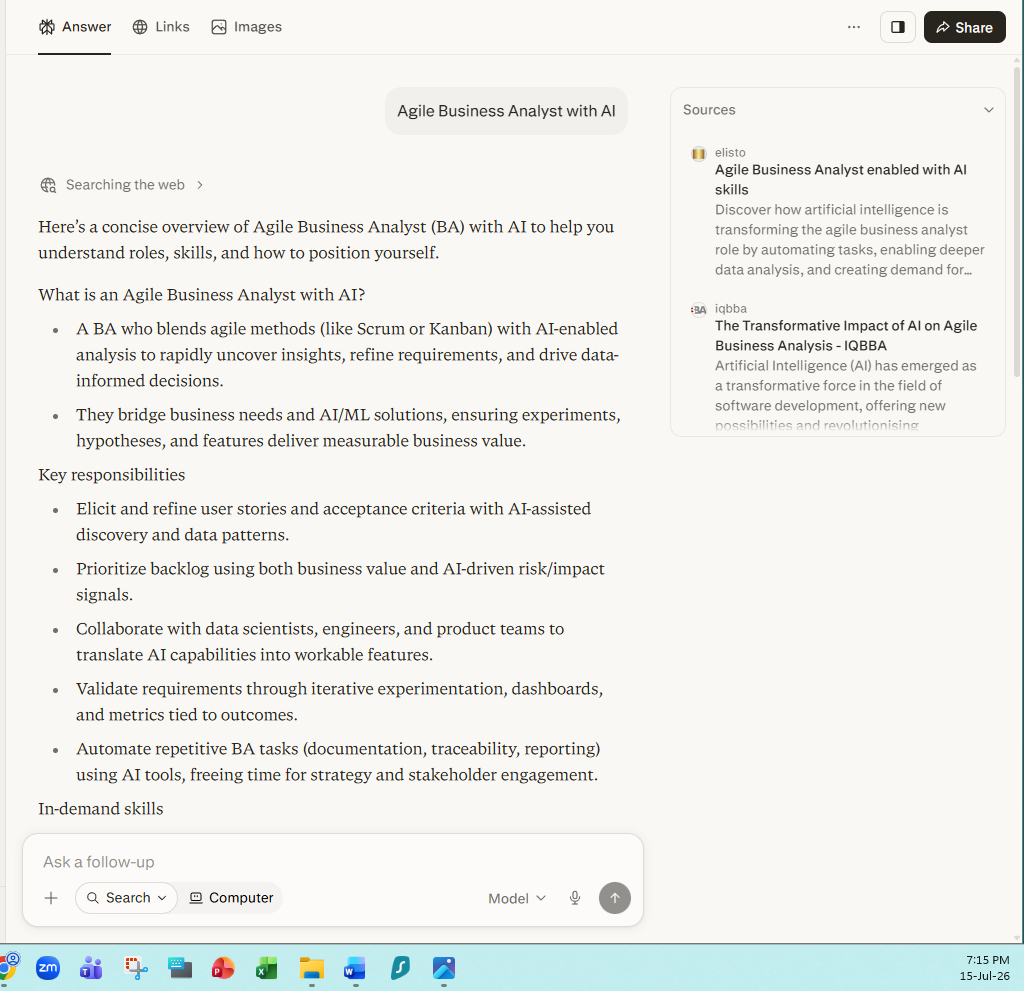 Perplexity answer for 'Agile Business Analyst with AI' listing Elisto as a source, July 2026